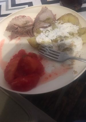 A picture of Pork roast with cinnamon apples.
