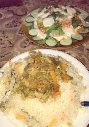 A picture of Chinese rice with chicken sauce and salad.