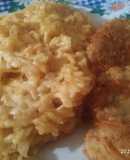 Risotto con hamburguesas y panqueques