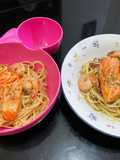 Spaghetti Aglio Olio with Baked Salmon