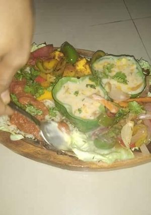A picture of Paneer shashlik sizzlerwith makhani sauce.