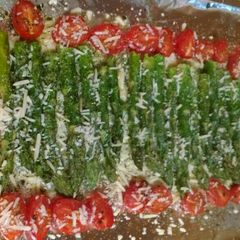 A picture of Roasted Asparagus and Grape Tomatoes.