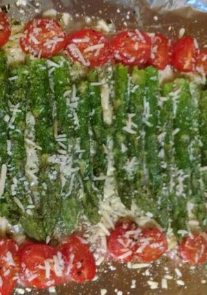 A picture of Roasted Asparagus and Grape Tomatoes.