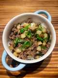 Easy Beef and Potato Bowl with Green Onion, Toasted Sesame Seeds, and Spicy Chili Crisp 🥔