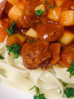 A picture of Pasta with Chorizo and Apple Sauce.