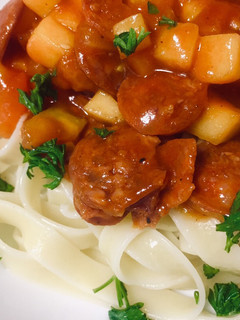 A picture of Pasta with Chorizo and Apple Sauce.