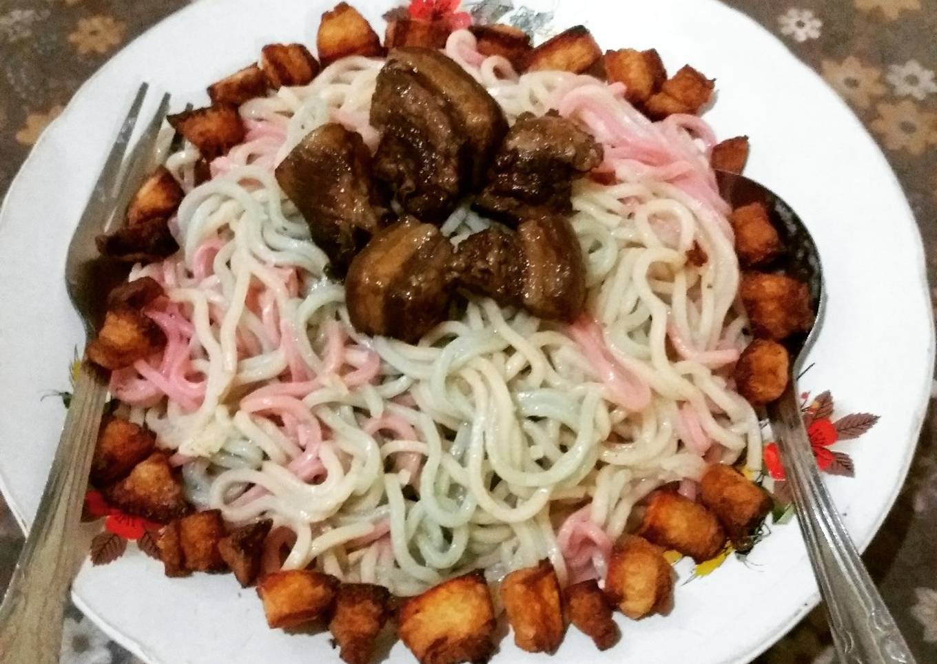Homemade Mie Pelangi w/ Babi Mui Choy plus Porkcrackles