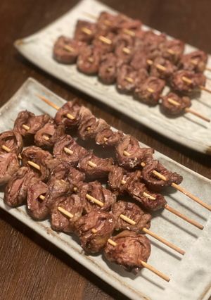 A picture of Chicken hearts yakitori.
