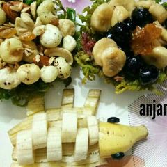 A picture of Roasted dry fruits n caremalized fruits in Maggie basket.