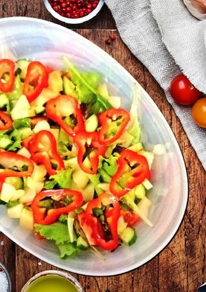 A picture of Light vegetable salad with pear.