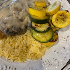 A picture of Pan fried chicken with mushroom sauce.