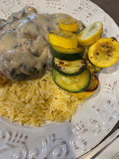 A picture of Pan fried chicken with mushroom sauce.
