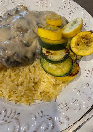 A picture of Pan fried chicken with mushroom sauce.