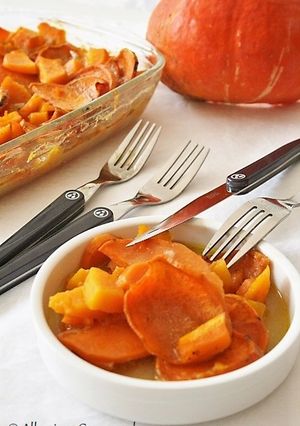 Une photo de Gratin de patates douces-potimarron au lait de coco, bio {sans gluten / sans lait / sans oeufs}