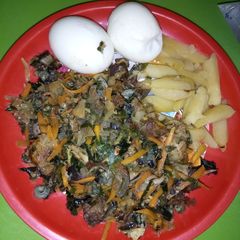 Stir fried veggies with fried Irish and eggs A picture of Stir fried veggies with fried Irish and eggs.