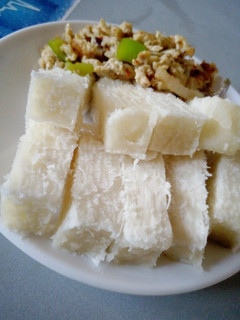 A picture of Cooked yam with scrambled egg.