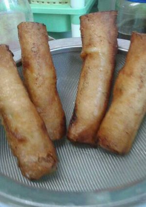 A picture of Savory pork and vegetable egg roll.