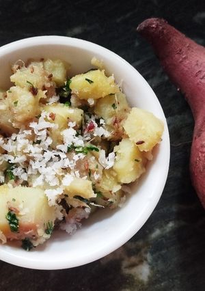 A picture of Sweet potato sabji for fasting.