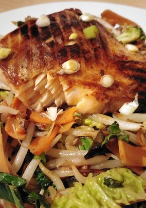 A picture of Vickys Teriyaki Salmon Stir-Fry, GF DF EF SF NF.