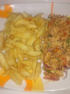 A picture of Chips with scrambled egg.