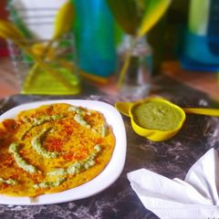 A picture of Gram Flour Pancakes with Minty Peanut Tomato Chutney.