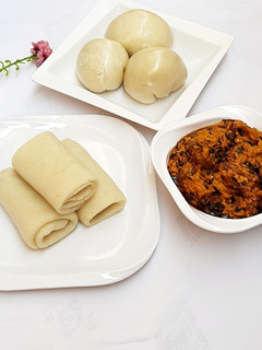 A picture of Pounded yam with egusi soup.