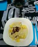 Sacchettini con salsa roquefort y setas