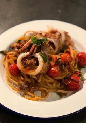 A picture of Stuffed squid linguine🦑.