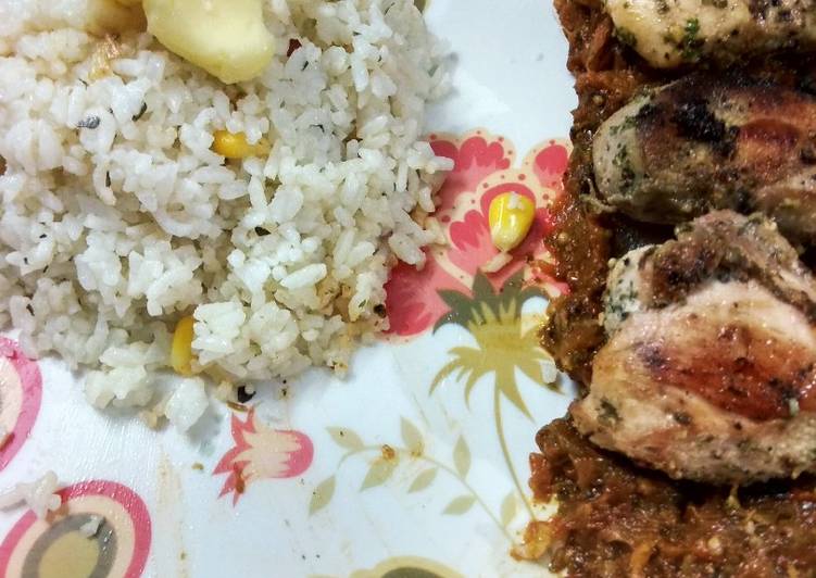 Recipe of Super Quick Homemade Lemon pepper grilled chicken with salsa sauce garlic butter rice