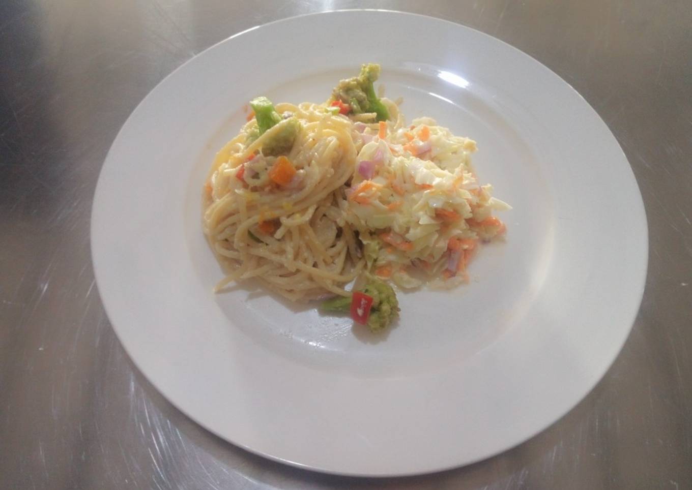 Spaghetti cabonera with Broccoli and a Winter Slaw..