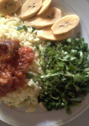 A picture of Curried Rice, vegetables and Kidney stew.