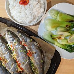 A picture of Sea Bass with Coconut Rice & Pak Choi.