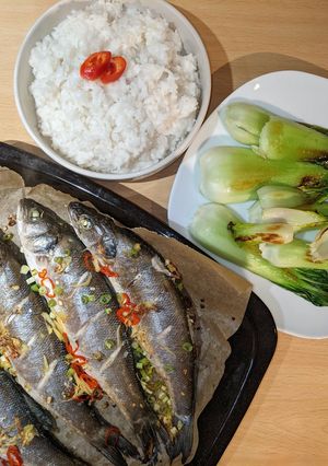 A picture of Sea Bass with Coconut Rice & Pak Choi.