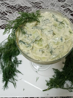 A picture of Cucumber selad with dill yoghurt dressing.