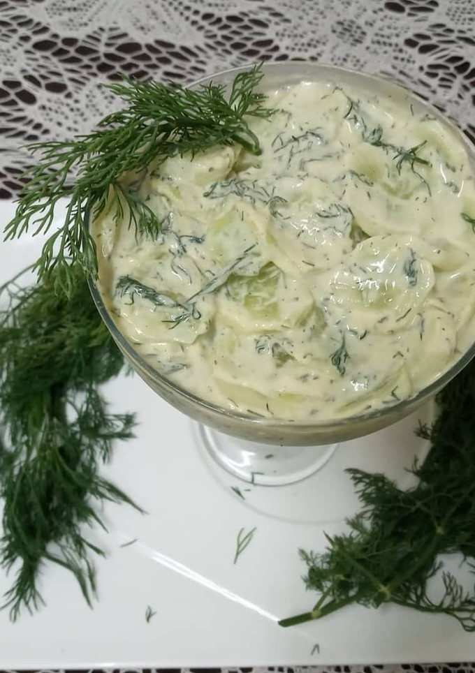 A picture of Cucumber selad with dill yoghurt dressing.