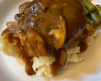 Fresh, Serving Recipe Simple Salisbury steaks over mashed potatoes Delicious Steady