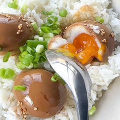 A picture of 6 minute jammy soy-marinated eggs.