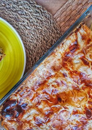 A picture of Amazing aubergine and halloumi pie.