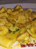 Paccheri con Pesto Fiori di Zucchine, Gamberi sfumati al Cognac