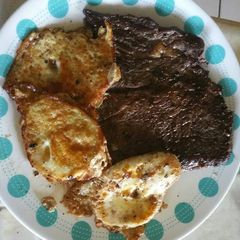 A picture of Steakhouse style Steak and Eggs.