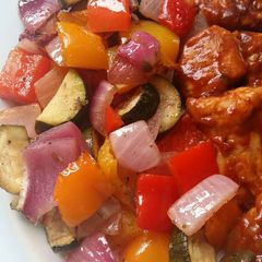 A picture of Vickys Balsamic Roasted Vegetables, GF DF EF SF NF.