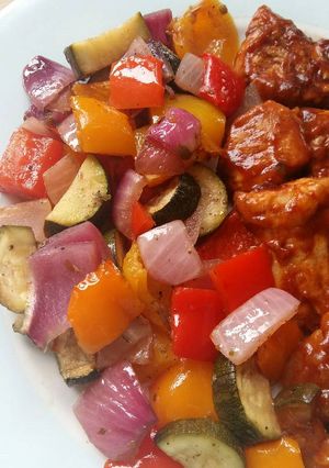 A picture of Vickys Balsamic Roasted Vegetables, GF DF EF SF NF.