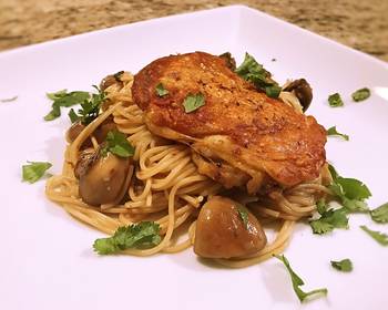 How To Prepare Recipe Crispy chicken thigh with angel hair mushroom and garlic butter cilantro sauce Delicious