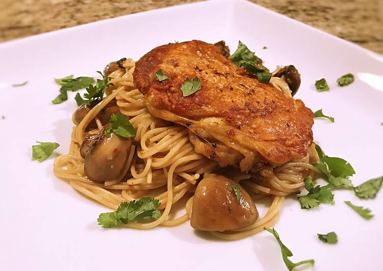 Recipe of Award-winning Crispy chicken thigh with angel hair, mushroom and garlic butter cilantro sauce