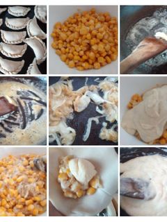 Una foto de Empanadas de choclo con salsa blanca, cebolla caramelizada y queso