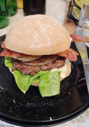 A picture of Beef burger 🍔 in a gluten free bun.😋😋😋.