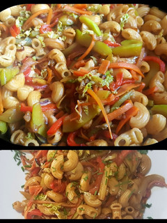 Una foto de Fideos coditos con vegetales salteados y soja. #caminodesabores