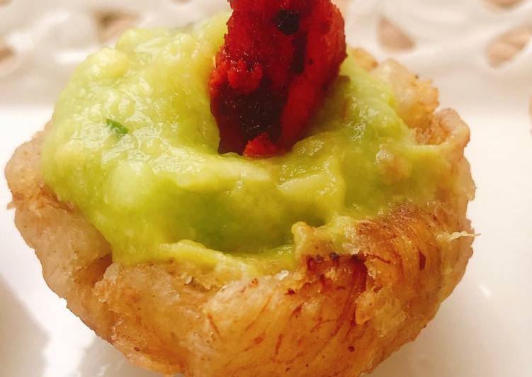 Plantain Baskets Topped with Guacamole &amp; Chicken Tikka