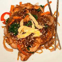 A picture of Japchae with Grilled Marinated Chicken.