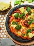 Black PIZZA Shrimp Pineapple and Jalapenos